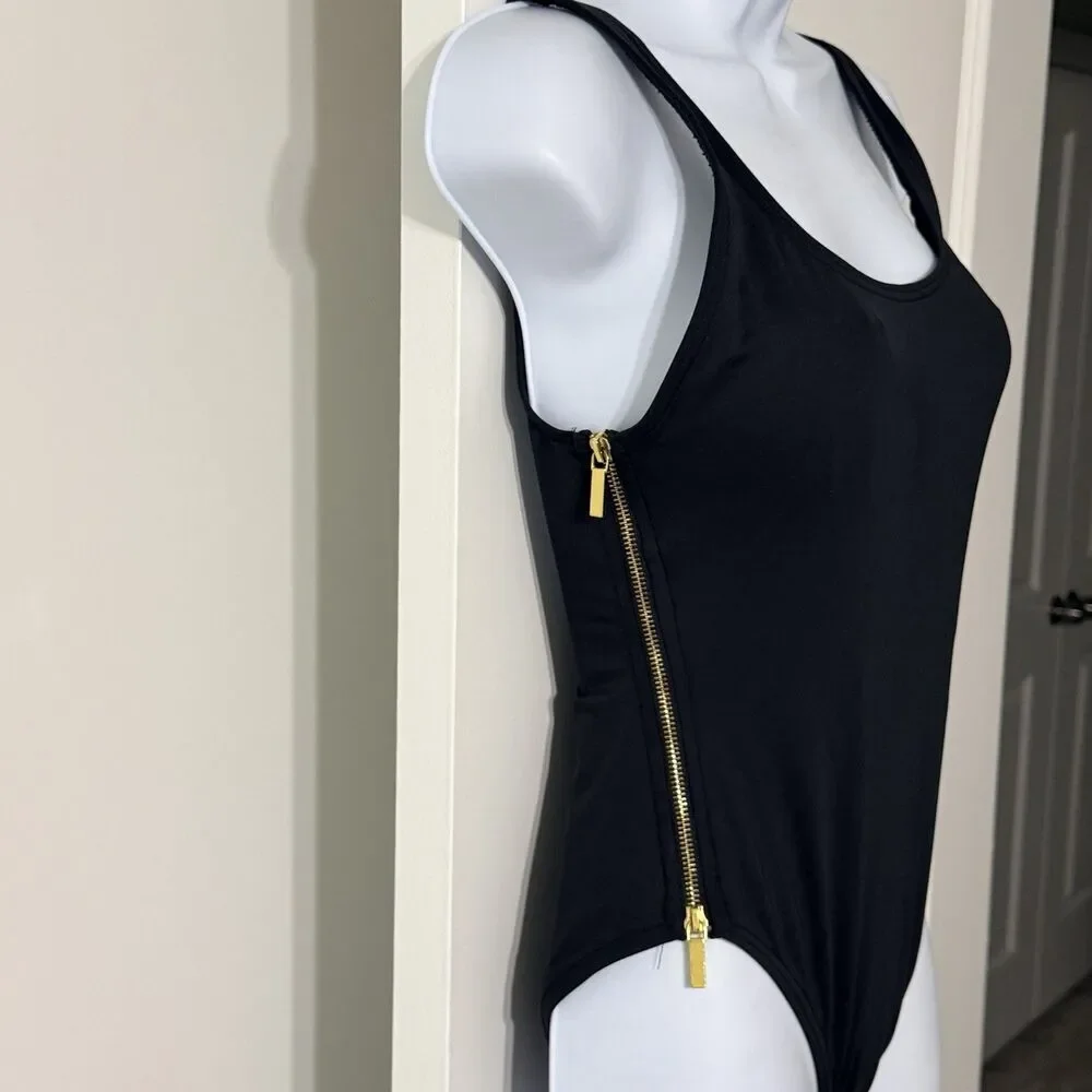 Carmen Marc Valvo Swimwear | One Piece Black Swimsuit With Gold Zipper Sides | 6